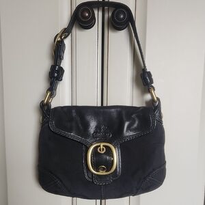 Coach Black Leather & Canvas Shoulder Bag with Gold Buckle Accent